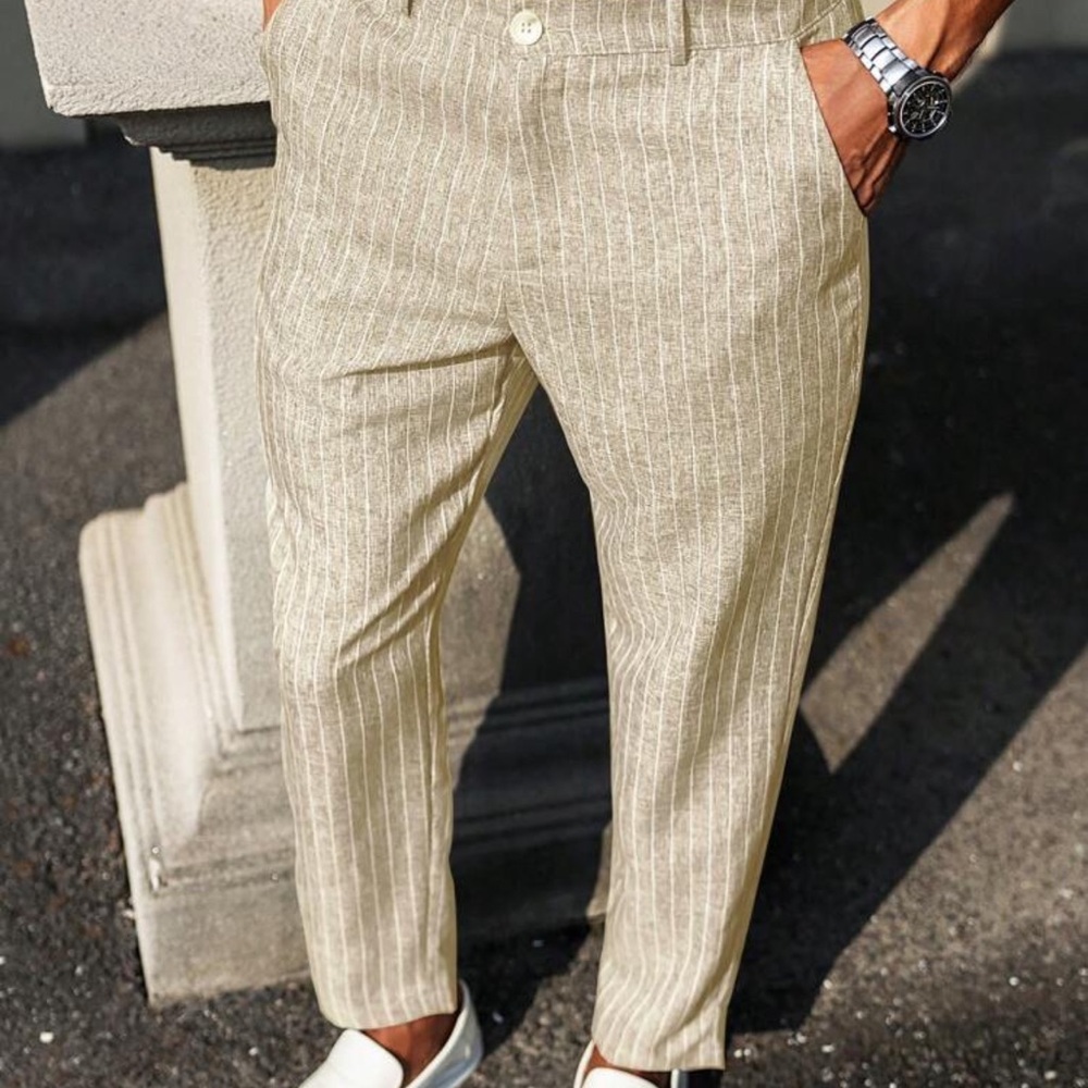 Manfinity Business Casual Khaki Sheer Textured Vertical Stripe Tapered Suit Pant
